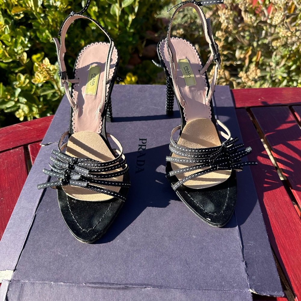Prada Black Strappy Heels with Bow Accent 37 size